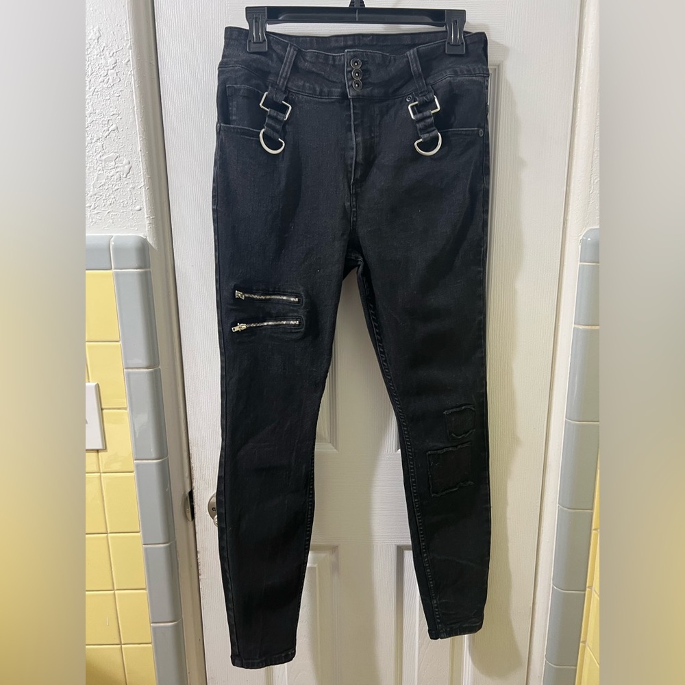 Black Skinny Jeans with Metal Accents Hottopic High Rise